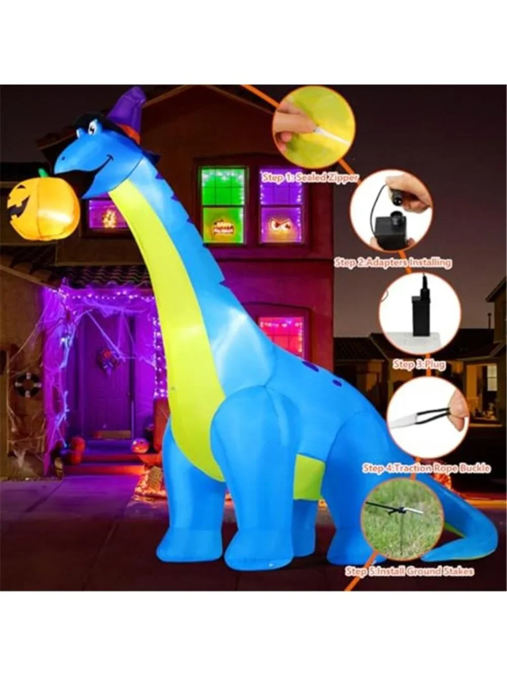 10 FT Tall Inflatable Dinosaurs Eating Pumpkin Blow Up with Built-in LED